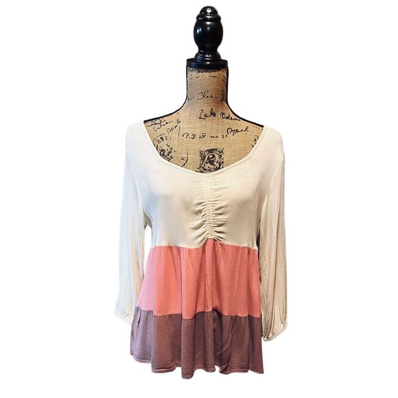 Cato Flowy Boho Colorblock Cream Pink Purple Blouse Size M - Picture 1 of 4
